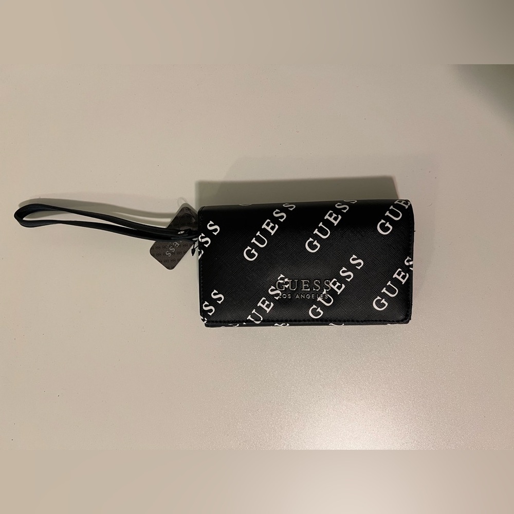 GUESS Black and White Logo Wristlet
